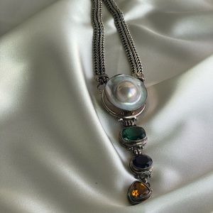 Vintage Mabe Pearl, Sterling, and gemstone necklace
